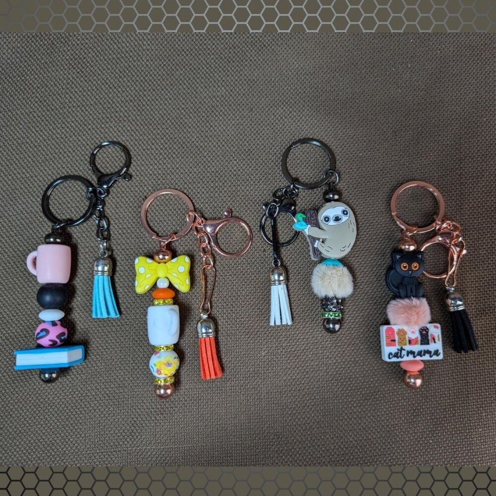 Silicone Beaded Keychain YOU PICK Coffee & Book, Coffee + Bow, Sloth, Cat Mama -